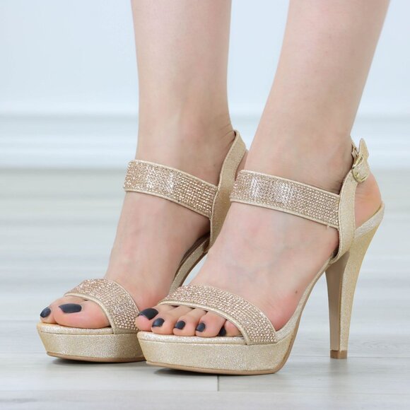 Sparkly Rhinestone Glitter Champagne Platform Ankle Bracelet Open Toe High Heel - Picture 13 of 14